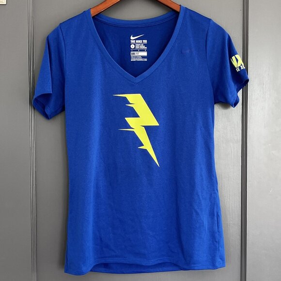 Nike Dri-Fit Tee NXR 2015 Women's Large L Athletic Cut Blue V-Neck Running Shirt - Picture 1 of 8